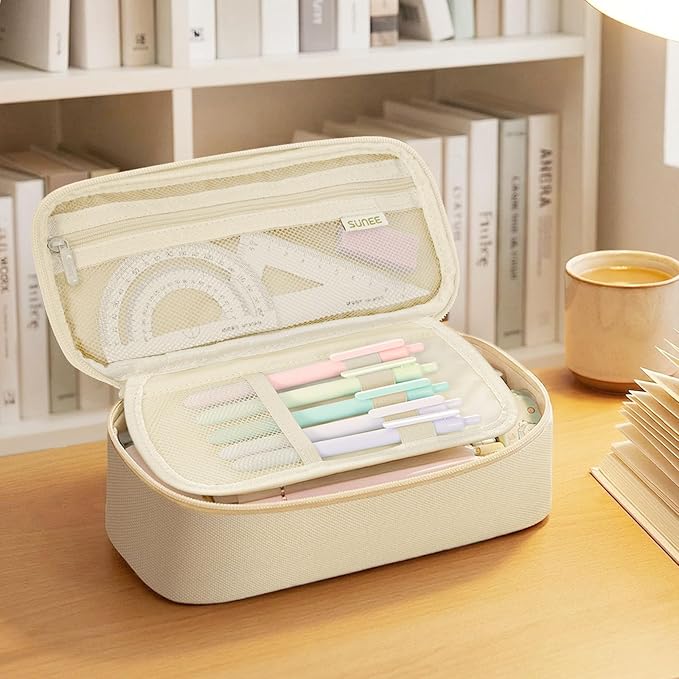SUNEE Cute Pencil Case, Large Capacity Pencil Pouch, Big Storage Organizer for Stationery, Zipper Pen Bag, Back to School Supplies, Office Organizer Makeup Bag, for Teen Girl Boy Men Women, Beige