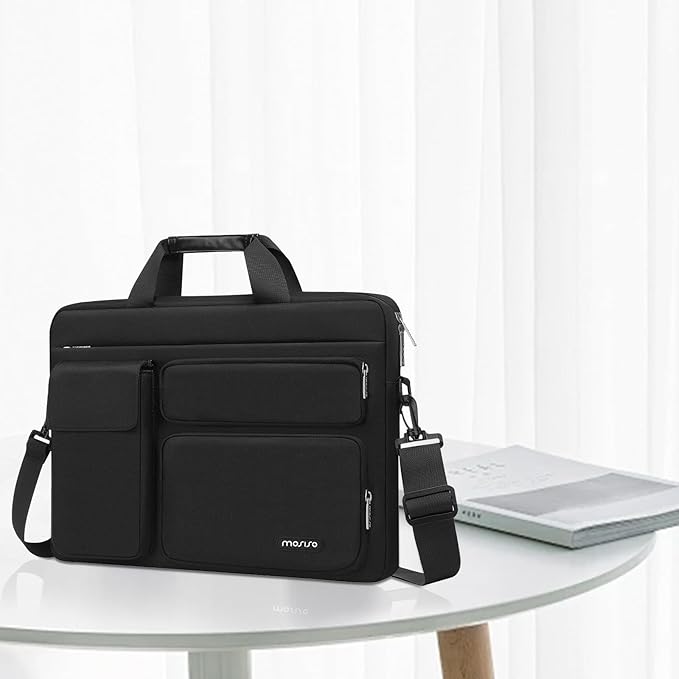 MOSISO Laptop Shoulder Bag 17.3 inch, 17-17.3 inch Computer Bag Compatible with Dell XPS/HP Pavilion/Ideapad/Acer/Alienware/HP Omen with 2 Raised&1 Flapover&1 Horizontal Pocket&Handle&Belt, Black