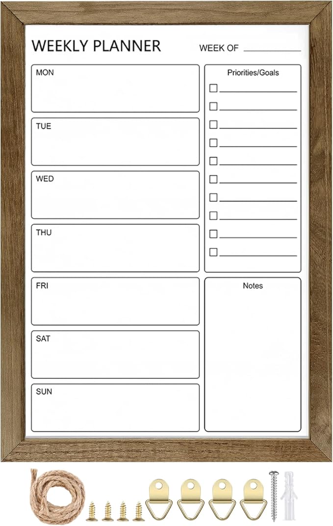 Dry Erase White Board Weekly Calendar Board, Magnetic Whiteboard for Wall,10.6“x14.7 Solid Wood Rustic Brown Framed Message Board, Planner Board for Office, Home, Schooll(Weekly-BB-RB-2737)