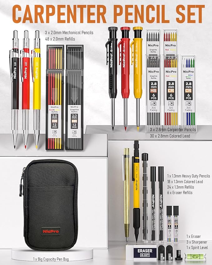 Nicpro 28 Pack Carpenter Pencil Set with Sharpener, Mechanical Carpenter Pencils with 127PCS Refills and Carbide Scribe Tool, Heavy Duty Construction Pencils for Architect Woodworking-With Canvas Case