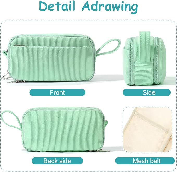 BuyCard Big Capacity Pencil Case, Corduroy Fabric, White with Mint Green Floral Pattern, Pencil Bag with Zipper Closure, Graduation Gift Office Stationery Storage Pen Pouch