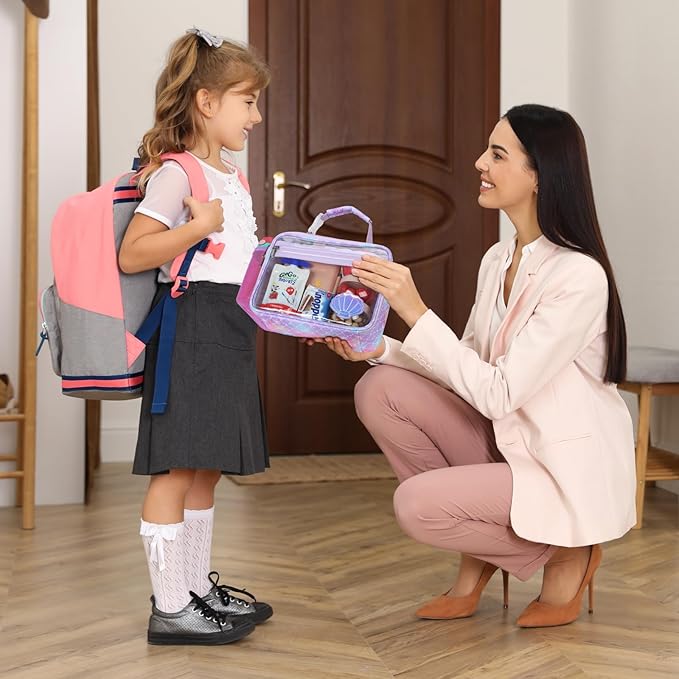 Bagseri Kids Clear Lunch Bag - Girls Lunch Box for School Reusable Snack Bag with Water Bottle Holder Stadium Approved Clear Bag, Purple Mermaid Shell