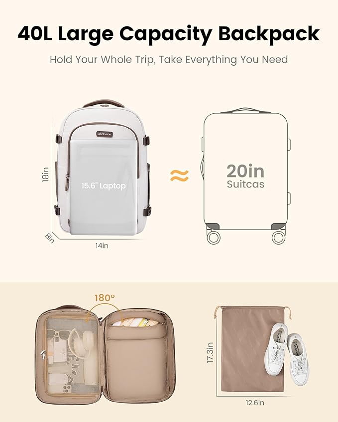 LOVEVOOK 40L Travel Backpack for Women, Airline Approved Carry On Luggage, TSA Personal Item Bag fits 15.6 Inch Laptop, Waterproof Weekender Overnight Suitcase for Work, Pink
