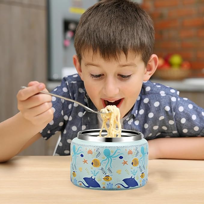 JXXM 8 Oz Thermo Food Jar for Hot & Cold Food for Kids, Insulated Lunch Containers Hot Food Jar,Leak-Proof Vacuum Stainless Steel Wide Mouth Lunch Soup Thermo for School (Blue-Octopus)
