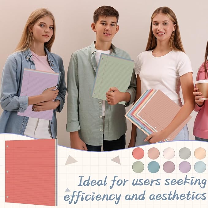 gisgfim 100 Sheets Loose Leaf Binder Paper, 8" x 10.5" Colored College Ruled Paper, 3 Hole Punched Lined Refill Inserts Thicken for 3-Ring Binders Notebooks Planner Writing School Office (Vintage)