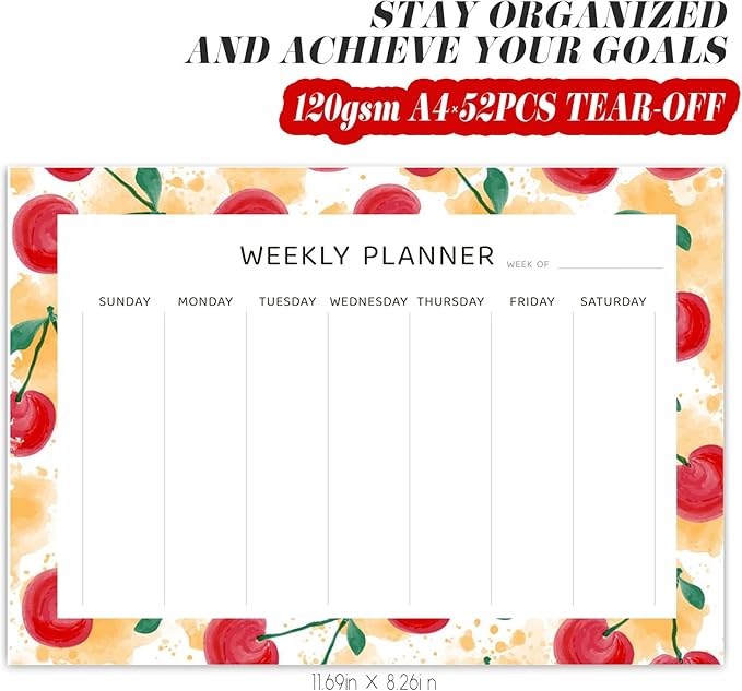 Undated Weekly Planner Notepad, 52 Sheet Tear-Off Weekly To Do List Notepad, Desk Planner Pad Calendar, Blank Calendar for Daily Habit Tracking/Menu Planning(8.26"x11,69")