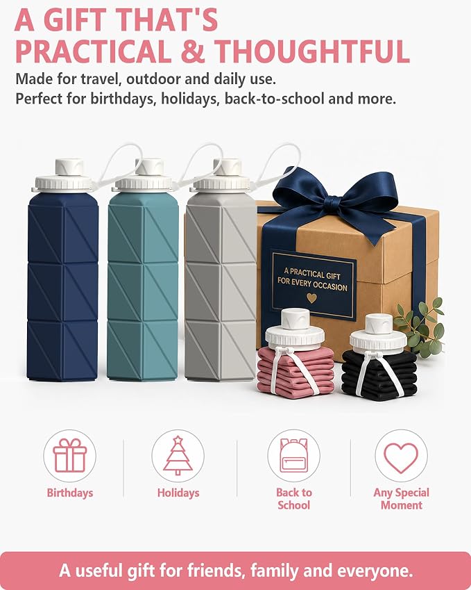 BEAUTAIL Collapsible Water Bottles 21oz/610mL, Silicone Travel Water Bottle | BPA Free, Leakproof & Reusable, Foldable Water Bottle for Traveling, Hiking, Gym, School, Sports, Outdoor, 1-Pack, Pink