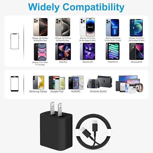 iPhone 17 16 15 Charger/10ft Type C to C Charging Cable Cord Long, USB C Fast Charging Block Plug for Apple iPhone 17 Pro Max/17 Air/16 Pro/15 Plus/AirPods/iPad/mini Plug Cube Birck Box Power Adapter