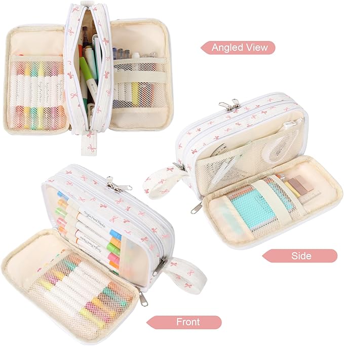 BuyCard Large Capacity Cute Pencil Case, Aesthetic Pen Pouch, White with Pink Bow Pattern Pencil Bag, Kawaii Stationery Storage and Organizer, Supplies for Teen and Adult Girls