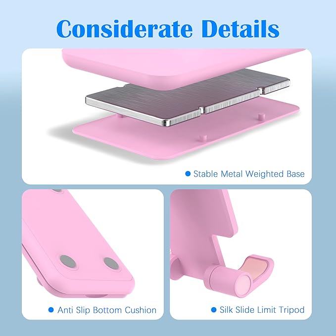 Cell Phone Stand, Adjustable Angle and Height Cell Phone Holder for Desk, Foldable and Portable, Anti-Slip Silicone Pad, Compatible with All Mobile Phones and 4-8 Inch Devices (Black&White&Pink)