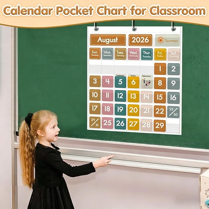45 Pockets Classroom Calendar for Kids Learning, Pocket Chart Calendar Decor with Special Educational Cards, Teacher and Classroom Must Have Supplies, Boho