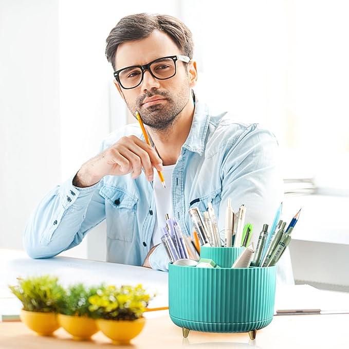 Cayxenful Pencil Holder For Desk,5 Slots 360°Degree Rotating Desk Organizers And Accessories,Desktop Storage Stationery Supplies Organizer, Cute Pencil Cup Pot For Office, School, Home (C-Blue)