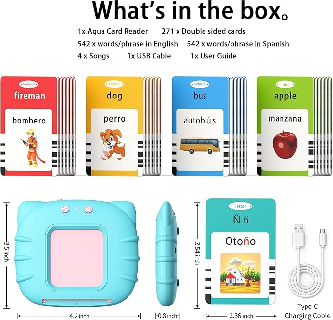 Kidzdo Bilingual Spanish and English Talking Flash Cards with 520 Words Learning Toys, Early Educational Toys for Toddler, Birthday Gift for 2 3 4 5 6 Year Old, Blue