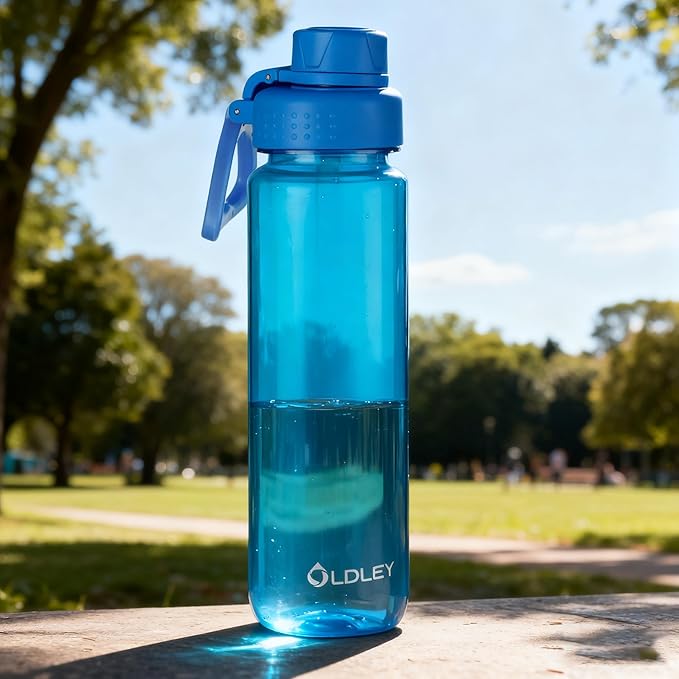 OLDLEY 32 oz Water Bottle, Sports Tritan Water Bottle with Carry Handle and Spout Lid, Leakproof & BPA Free Large Water Bottles for Home,Travel, School, Outdoors, Gym,Blue