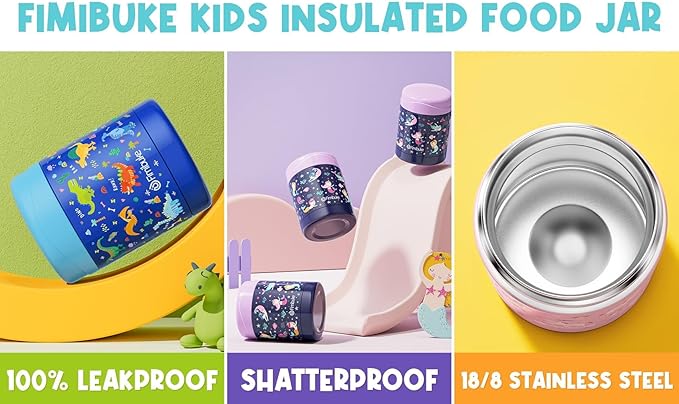 Fimibuke Kids Bento Snack Lunch Box with 4 Compartment, Insulated Lunch Bag, Stainless Steel Vacuum Thermo Food Jar, Ice Pack, Utensils Set, Birthday Gifts for Age 3-12 Back to School Toddler Girl Boy