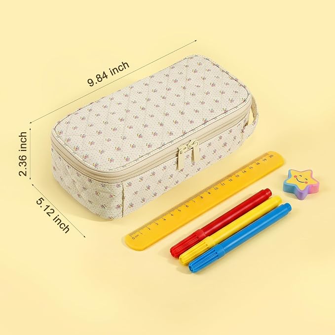 Cute Floral Quilted Pencil Case for Girls, Large Aesthetic Pen Pouch with Handle, Multi Compartment Stationery Organizer, Portable Travel Cosmetic Makeup Bag Back to School