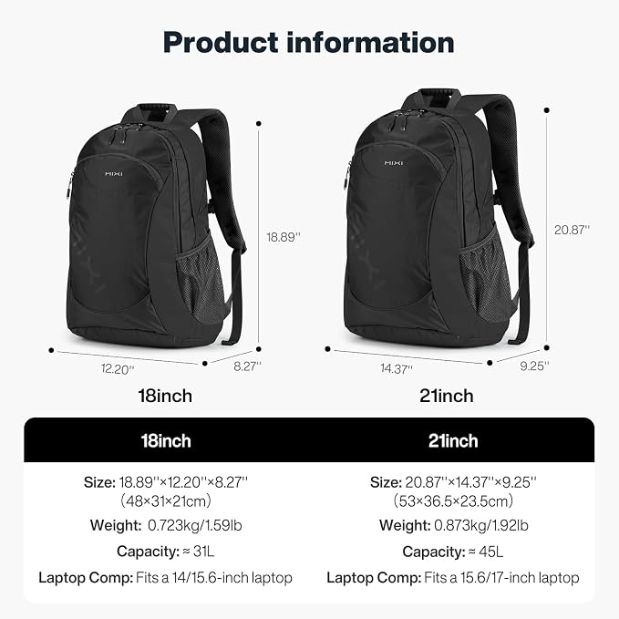 mixi 31L Ultra Lightweight Waterproof Travel Backpack, 18 inch Casual Daypack for Men Women, Durable Spacious Bag for Travel, Sports, Camping, Hiking & College, Black