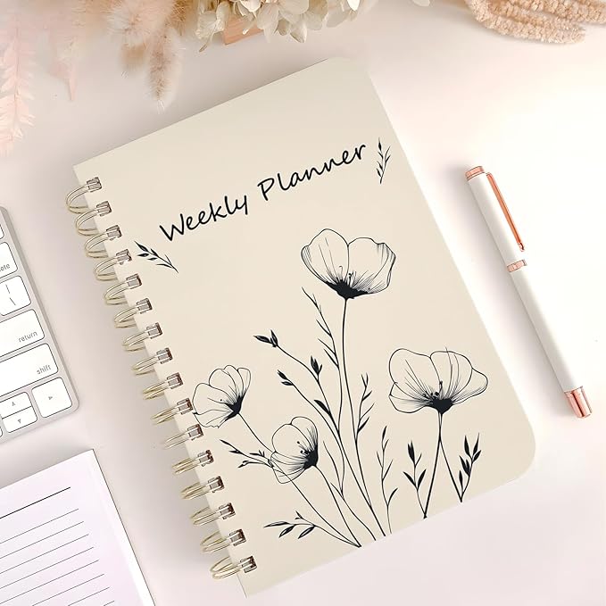 Weekly Planner Undated - 52 Weeks To Do List Notebook A5 for Work: Weekly Task, Habit Tracker Journal, Goal Setting, Agenda Sprial Bound Organizer Book for Women Cute Stylish Design, Flower