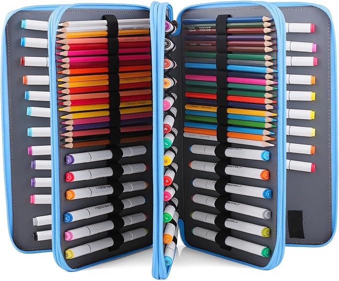 Colored Pencil Case - Large Capacity Colored Pencil Holder with Zipper Closure Twill Fabric Pencil Case for 300 Colored Pencils or 200 Gel Pen, Pencil Case Organizer for Artist (Blue Flower)