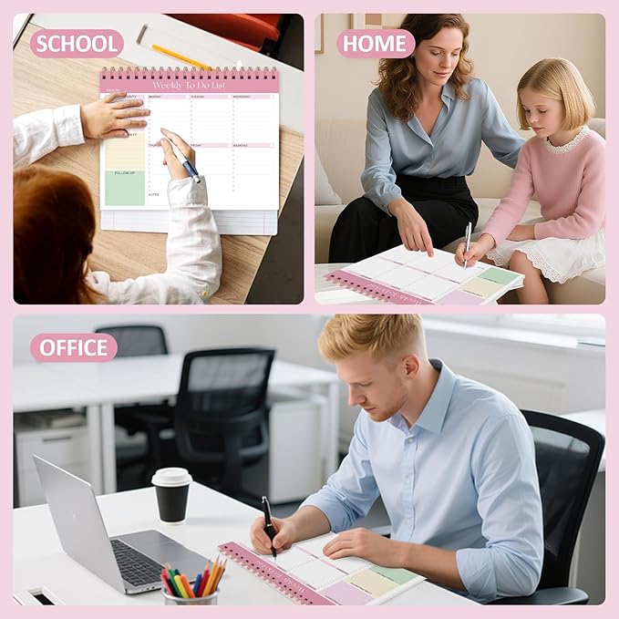 Weekly To Do List Notepad, 52 Sheets Undated Weekly Planner, 8.5"x11" Letter Size Horizontal Desk Pad with 100GSM Thick Paper, Twin-Wire Spiral Bound Tear Off Lined Organizer for Office Work, School & Home