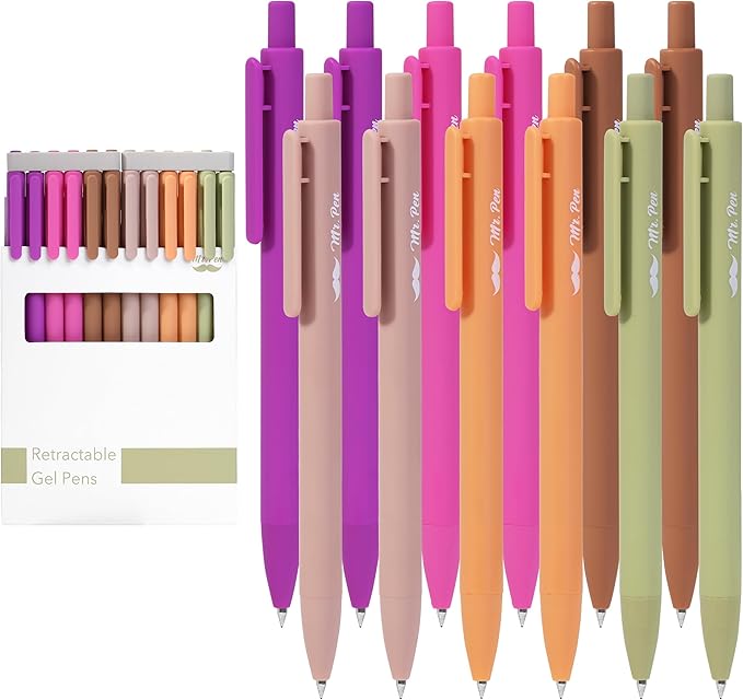 Mr. Pen- Retractable Gel Pens, 12 Pack, Black Ink, Late Harvest Color Barrel, Fine Point 0.5mm, Fast Dry, Smooth Writing, Cute Pens for Drawing, Writing Planner and School Supplies