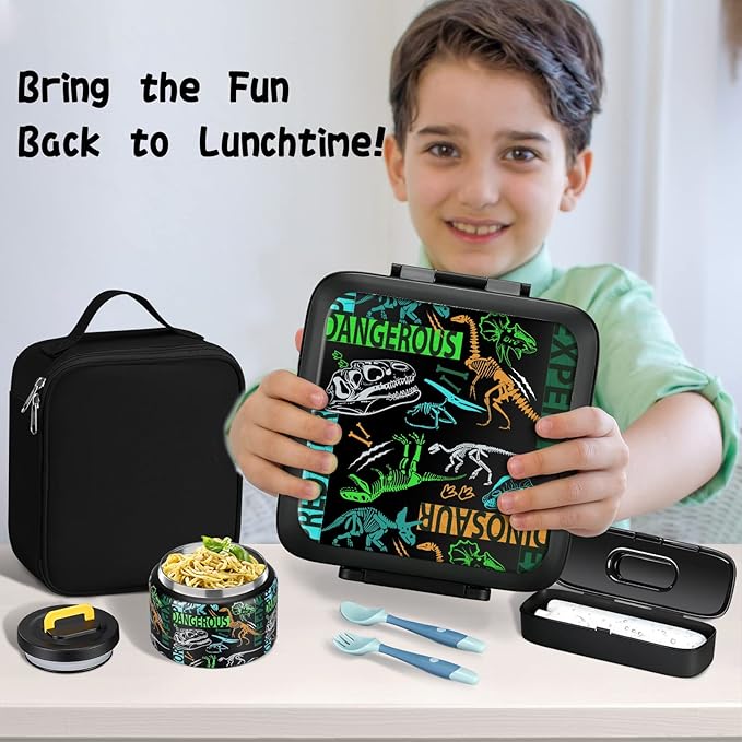 JXXM Bento Lunch Box for Kids With 8oz Soup thermo,Leak-proof Lunch Containers with 5 Compartment,thermo Food Jar and Lunch Bag, Food Containers for School (A-Black(Dinosaur Fossil))
