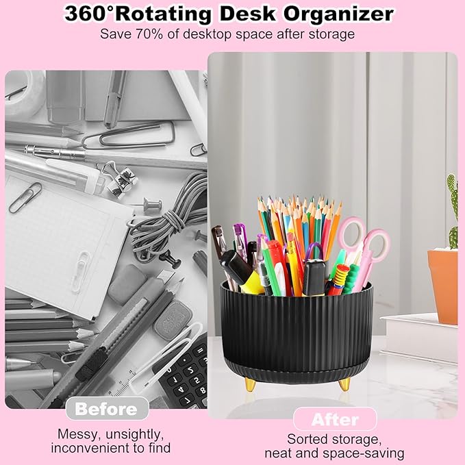 Gawsey Desk Organizers and Accessories Set with 360-Degree Rotating Pen Holder, Tape Dispenser, Stapler, Staple Remover, 1000 Staples, Tape, Clips Set, Ruler, Scissor, Pen (Black)