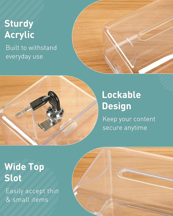 Uniclife Acrylic Donation Box for Fundraising, Clear Suggestion Box with Slot and Lock, Desktop Ballot Boxes Tip Jar, Plastic Storage Container for Voting Comment Collection, 7.3" x 4.5" x 3.9"