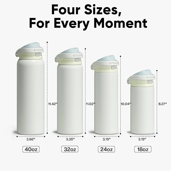 ENCOOL Leakproof Insulated Water Bottle with Straw Dual-Sip Water Bottle Bag-Safe Design for Work, Commute & Gym – Keeps Drinks Cold All Day, 18 oz, Cloud-Hill White