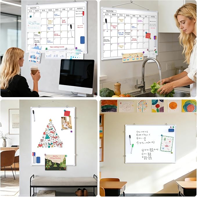 MaxGear Monthly Calendar Dry Erase Board for Wall, 24"x18" Magnetic Double-Sided White Board, Hanging Whiteboard for Planning, Drawing, Memo, to Do List, School, Home, Kitchen, Office