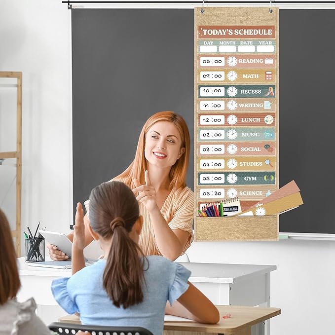 Pasimy Burlap Daily Schedule Pocket Chart with 31 Reusable Cards and 14 Pockets Retro Rainbow Classroom Decor Farmhouse Schedule Charts Decorations for Back to School Office Home Educational Activity