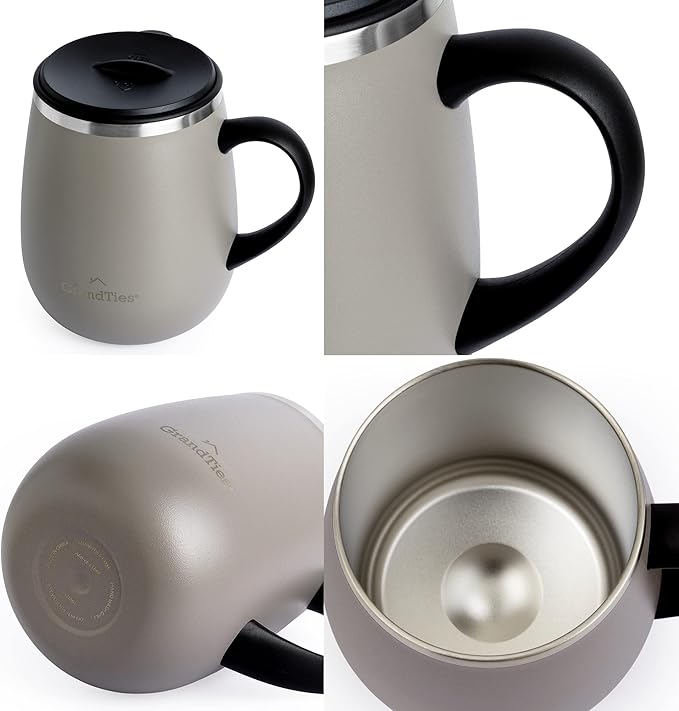 GRANDTIES Insulated Coffee Mug with Handle - Sliding Lid for Splash-Proof 16oz Wine-Glass Shape Thermal Tumbler with Double Walled Vacuum Stainless Steel to Keeps Beverages Hot or Cold-Caffe Latte