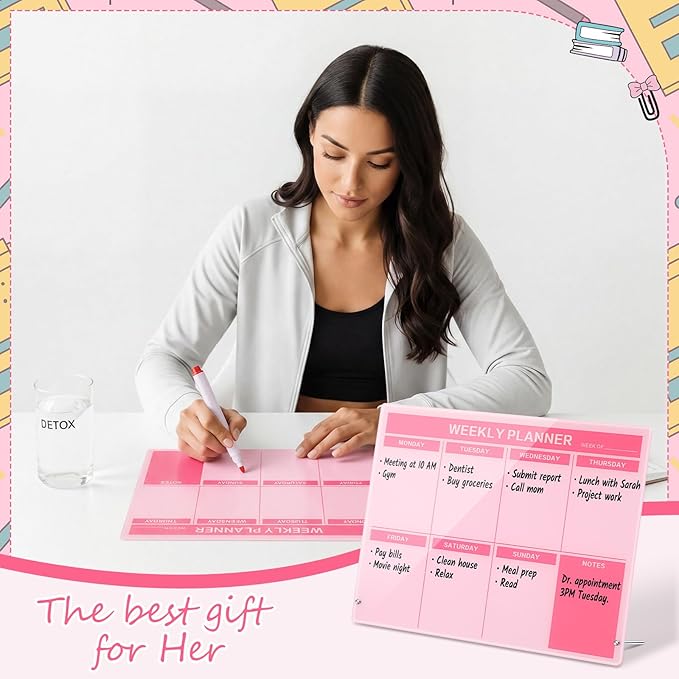 Desktop Acrylic Weekly Planner Board Acrylic Calendar Dry Erase Board with Stand to Do List Planner Boards with Daily Schedule and Markers for Family Home Office(Pink)