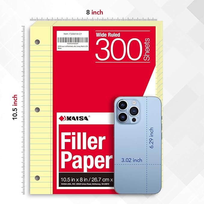 KAISA Loose Leaf Notebook Paper, Wide Ruled, 300 Sheets Per Lined Paper, 8" x 10.5", 3 Hole Punched for 3 Ring Binder, Canary, Made In USA