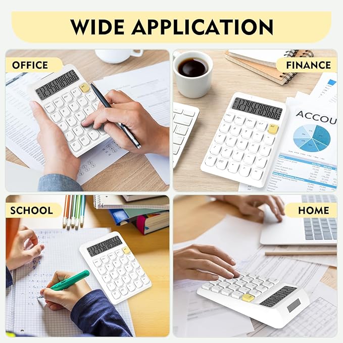 Cute Calculator, Calculators Desktop, White Calculator Big Buttons, Solar and Battery Dual Power, 12-Digits Large LCD Display, Desk Calculators for Office Home School Basic Business (White)
