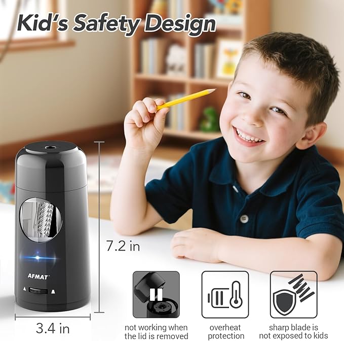 AFMAT Electric Pencil Sharpener, Rechargeable Fully Automatic Pencil Sharpener for Jumbo & Colored Pencils (7-11.5mm), Auto in/Out, Hands-Free, Portable for Home/Classroom/Office PSX6 (Black)