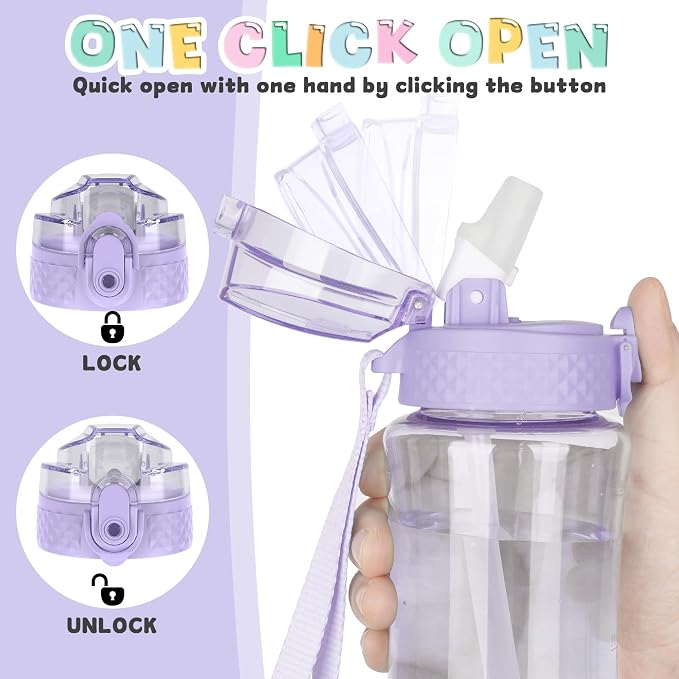 OLDLEY 12oz Kids Water Bottle, Tritan BPA-Free, Leakproof Flip Straw Lid, Motivational Time Marker, Carry Strap, Reusable Clear Water Bottle for Boys & Girls,Amethyst