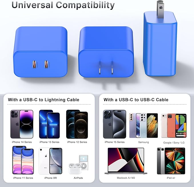 Susnwere 40W Dual USB C Charger Block,2-Port Fast USB-C Power Adapter Wall Charger Plug Type C Charging Block for Laptop Computer & Tablets/Phones iPhone 15/14/13/12/11/X, iPad,Samsung,Google 2 Pack