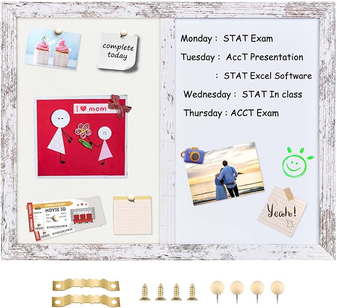 Bulletin Board Whiteboard Beige Felt Board Combo for Office School Kitchen Bedroom, White Wood Frame,13"*17",Whiteboard+WH-3343WH