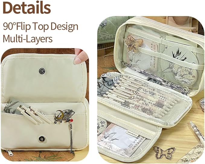 Zmains Big Capacity Pencil Case Large Pencil Pouch Pen Bag Pencil Box Holder Organizer Simple Storage Aesthetic Cosmetic for Men Women Office Essentials (Beige)