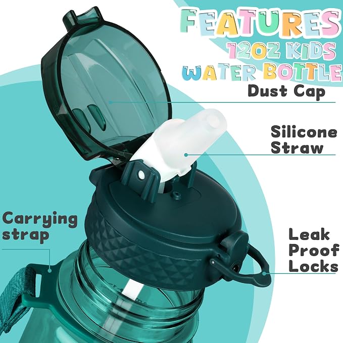 OLDLEY 17oz Kids Water Bottle, Tritan BPA-Free, Leakproof Flip Straw Lid, Motivational Time Marker, Carry Strap, Reusable Clear Water Bottle for Boys & Girls,Trout Green