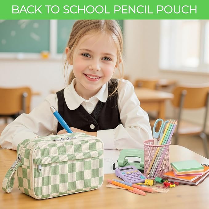 WOBAGMEN Cute Pencil Case,Large Corduroy Zippered Pencil Case Pouch, Aesthetic Pencil Bag with Compartments, Pencil Pouch School Supplies (Green checked)