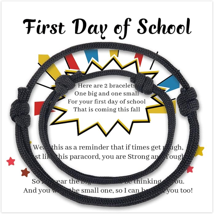Back to School Gifts Mommy and Me Bracelets Kindergarten School Supplies | Back to school bracelet set of 2, paracord with sliding knot, includes keepsake card and jewelry box