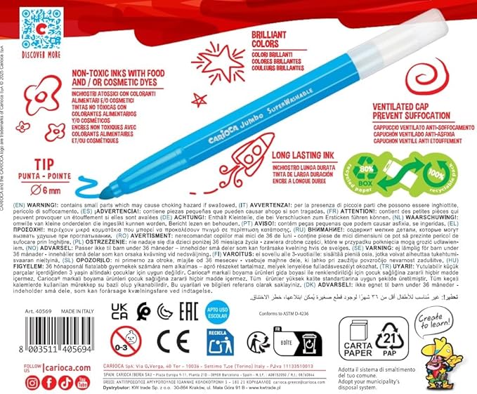 CARIOCA Jumbo Washable Markers for Kids – 12 Assorted Colors, 6 mm Maxi Felt Tip Pens with Wide Barrel, Non-Toxic, Easy to Hold, Art & School Supplies, Made in Italy