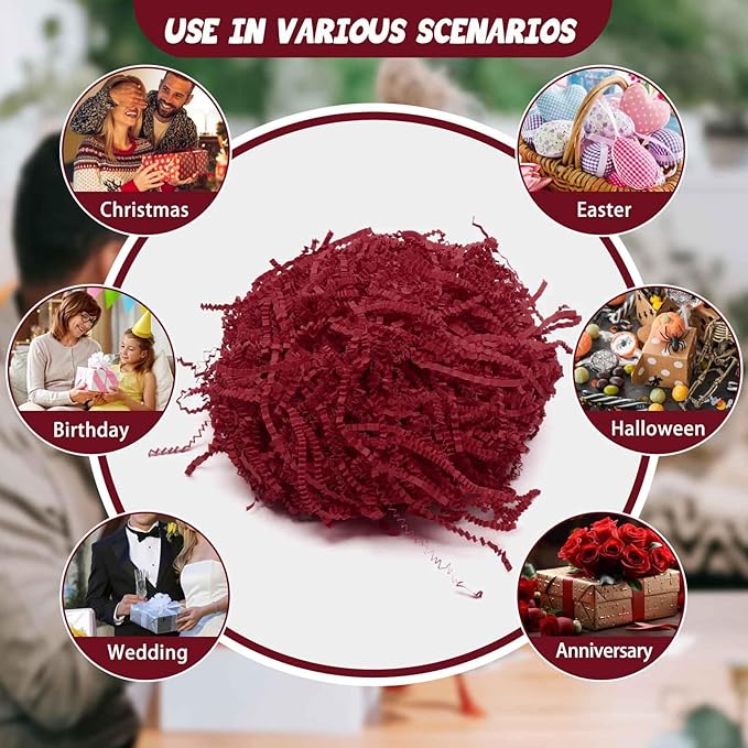 Tisspoms 3LB Deep Red Crinkle Cut Paper Shred Filler, Paper Shreds for Basket Fillers, Birthday, Gift Wrapping, Anniversary, Wedding, Halloween, Thanksgiving, Christmas Gift Decor Party Filler