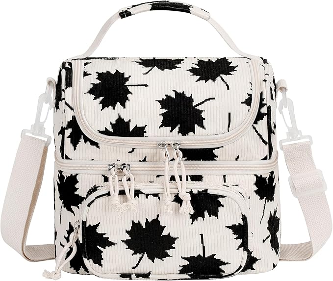 HowFly Lunch Bag for Women Insulated Lunch Boxes Corduroy Resuable Double Deck Lunch Box for Girls Teens Kigs Boys Portable Thermal Cooler Bags for School Work, Black Maple Leaf
