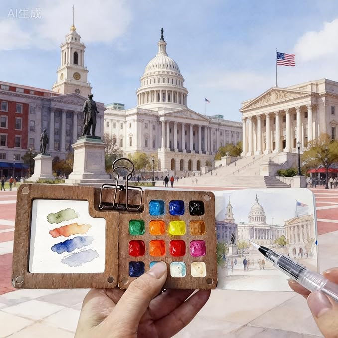 Portable Mini Watercolor Paint Set, 24 Colors Travel Watercolor Kit with Wooden 15 Grid Palette, Sketchbook, Brush & Waterproof Bag for Beginners, Artists, Outdoor Painting