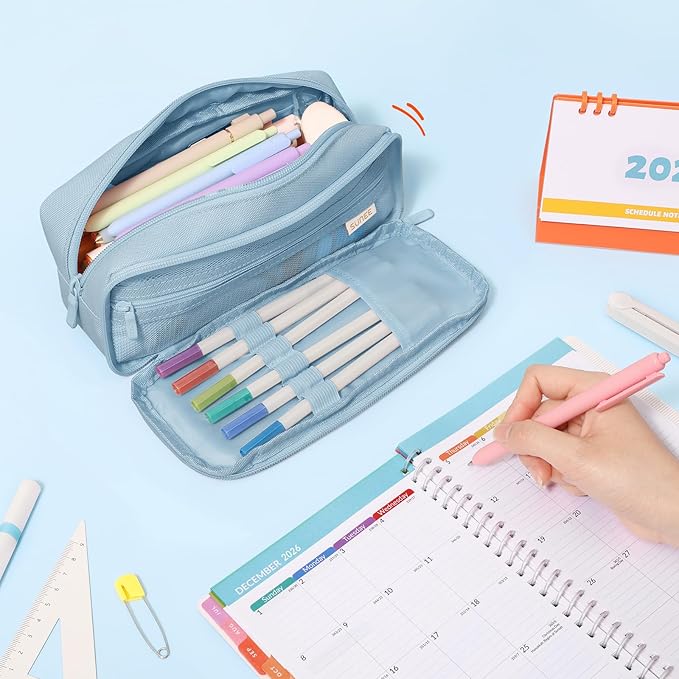 SUNEE Pencil Case, Large Capacity Pencil Pouch, Aesthetic Big Pen Bag 900D Oxford Pen Box for Office Stationery Organizer School Supplies Multifunctional for Teen Boys Girls Women Men, Blue