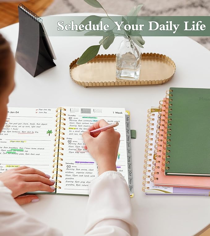 2026 Planner, Hardcover Leather Weekly and Monthly Planner, January 2026 - December 2026, Spiral Yearly Agenda Organizer Book 2026 with Tabs, Daily Calendar Planners for School Work Home, A4 (8.5" x 11"), Green
