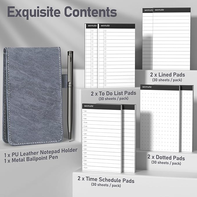 WEMATE 10 Pieces Small Notepad Holder Set Pocket Notebook - Included Mini Pocket Notepad Holder Set with 8 Memo Book Refills and Metal Pen for Meetings, Daily Records, and Notes 3 x 5 Inch (Grey)